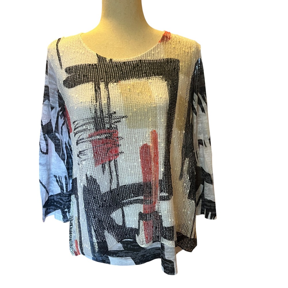 Jess & Jane Top Women S Multicolor Abstract Art Mesh 3/4 Sleeve Modern Lagenlook